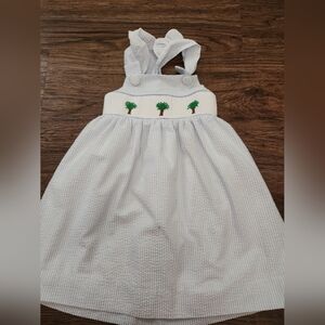 White and Blue Smocked Striped Dress with Palm Tree Embroidery